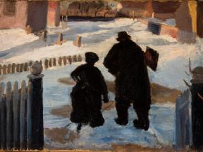 Michael Ancher on his way to his studio accompanied by the organist Helene Christensen